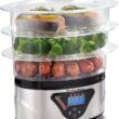 Hamilton Beach Digital Electric Food Steamer & Rice Cooker for Quick, Healthy Cooking with Stackable Three-Tier Bowls for Vegetables and Seafood, 8.25 Quart, Black & Stainless Steel - 1