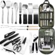 Portable Camping Kitchen Utensil Set-27 Piece Cookware Kit, Stainless Steel Outdoor Cooking and Grilling Utensil Organizer Travel Set