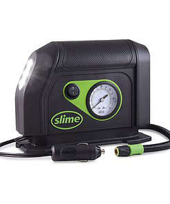 Slime 40050 Tire Inflator, Portable Car Air Compressor, with Analog 100 psi Dial Gauge, Long Hose and LED Light, 12V, 8 min Inflation