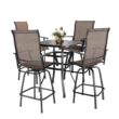 Nuu Garden Brown 5-Piece Metal Patio Outdoor Bar Set with High Swivel Bistro Chairs and Square Table