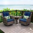 JOYSIDE 3-Piece Wicker Patio Swivel Outdoor Rocking Chair Set with Blue Cushions and Table
