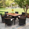 Tozey 7-Piece Acacia and Wicker Outdoor Dining Set with Beige Cushions