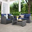 Wisteria Lane 4 Piece Outdoor Patio Furniture Sets, Wicker Conversation Set for Porch Deck, Grey Rattan Sofa Chair with Cushion (Blue)