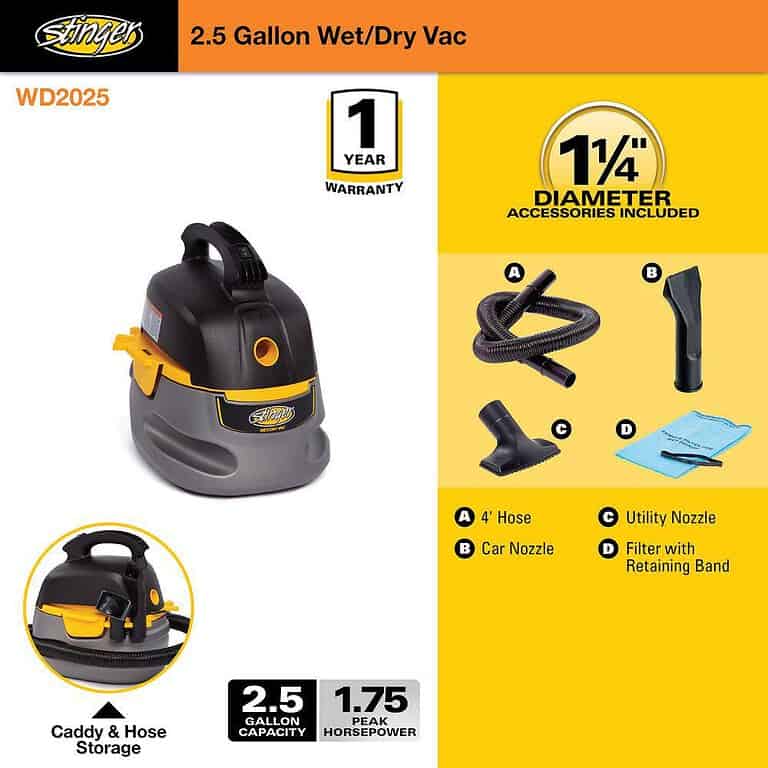 Stinger 2 5 Gal 1 75 Peak Hp Compact Wet Dry Vac