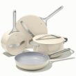 Caraway Nonstick Ceramic Cookware Set (12 Piece) Pots, Pans, 3 Lids and Kitchen Storage - Cream