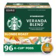 Starbucks K-Cup Coffee Pods, Starbucks Blonde Roast Coffee, Veranda Blend for Keurig Brewers, 4 boxes (96 pods total)