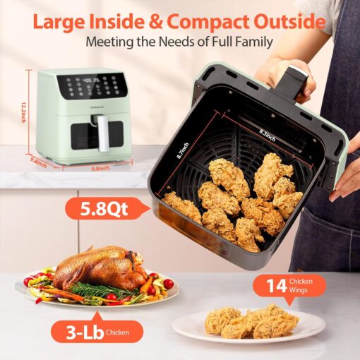 Beelicious Pro 5.8QT Large Air Fryer, 12-in-1 Digital Airfryer with Clear Window, 40+ Recipes, Green