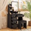 FUFU&GAGA 5-Drawers Black Makeup Vanity Sets Dressing Table Sets With Stool, Mirror, LED Light and 3-Tier Storage Shelves