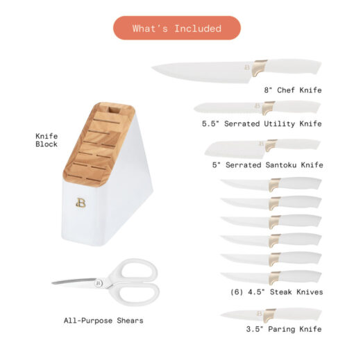 Beautiful 12 Piece Stainless Steel Knife Block Set, Soft-Grip Handles White Icing by Drew Barrymore