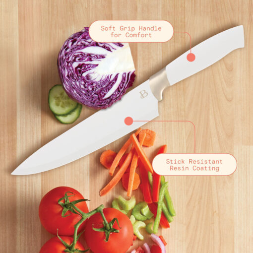 Beautiful 12 Piece Stainless Steel Knife Block Set, Soft-Grip Handles White Icing by Drew Barrymore