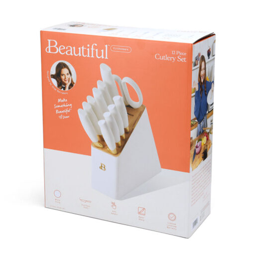 Beautiful 12 Piece Stainless Steel Knife Block Set, Soft-Grip Handles White Icing by Drew Barrymore