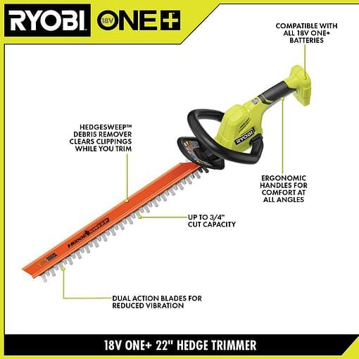 RYOBI ONE+ P2609BTL 18V 22 in. Lithium-Ion Cordless Hedge Trimmer (Tool Only)