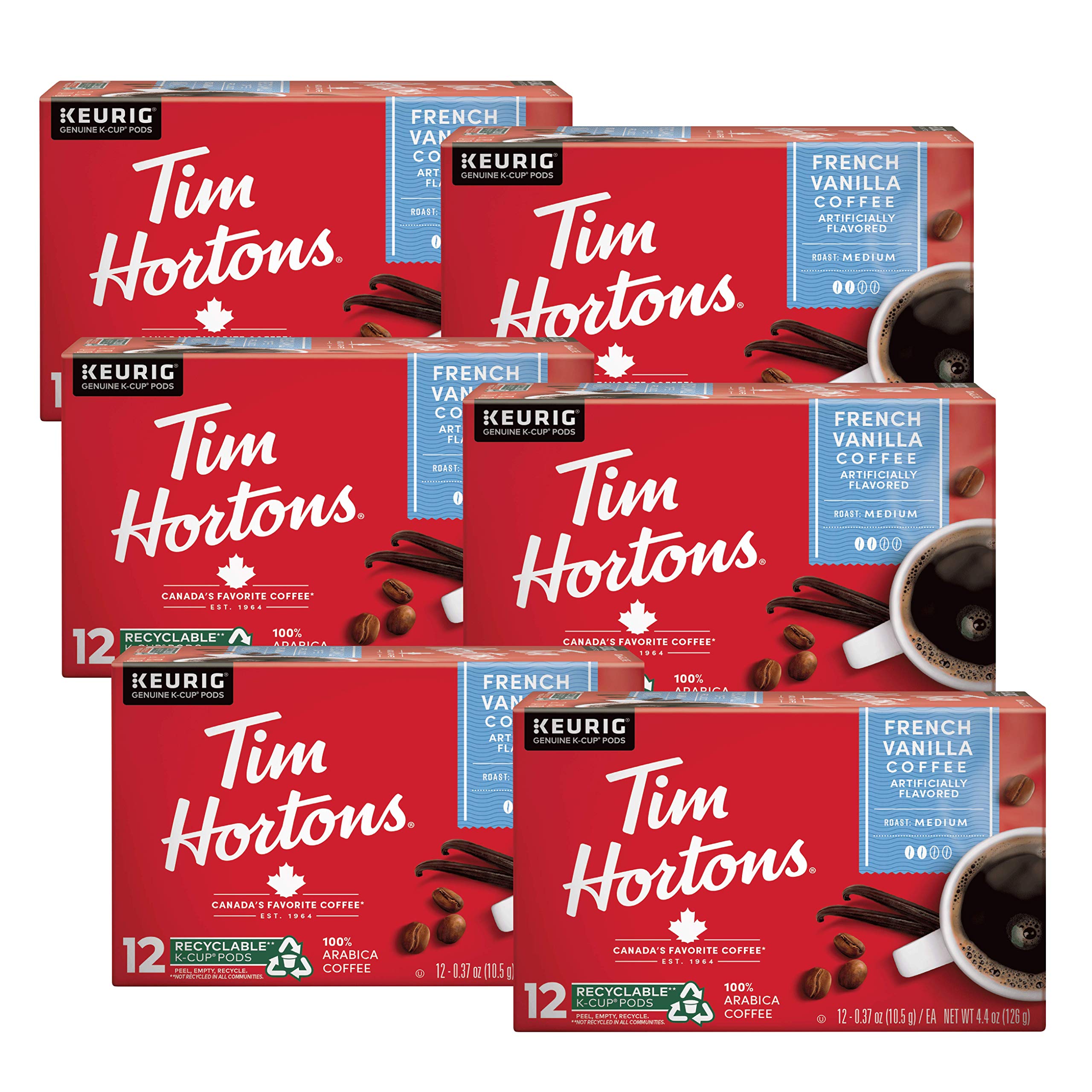 Tim Hortons French Vanilla Coffee, Single-Serve K-Cup Pods Compatible with Keurig Brewers, 72ct K-Cups,Red 12 Count (Pack of 6) Tim Hortons French Vanilla Coffee, Single-Serve K-Cup Pods Compatible with Keurig Brewers, 72ct K-Cups,Red 12 Count (Pack of 6)