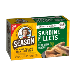Season Sardines in Extra Virgin Olive Oil - Skinless & Boneless, Wild Caught, 4.37 Oz Tins, 12-Pack