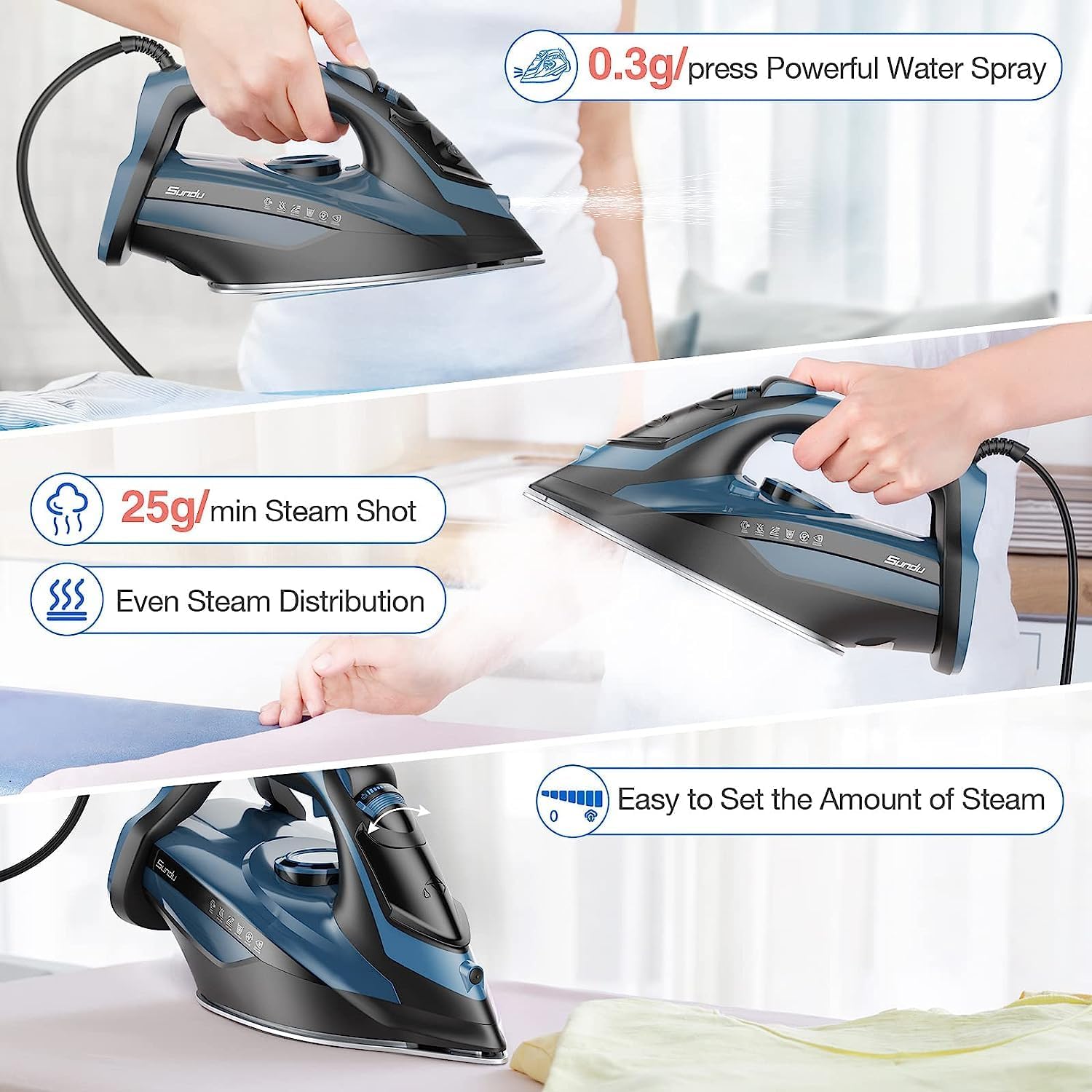 71QNOM9Wr8L._AC_SL1500_ Sundu Steam Iron for Clothes with Rapid Heating Ceramic Coated Soleplate, 1700W with Precise Thermostat Dial, Self-Cleaning, Blue