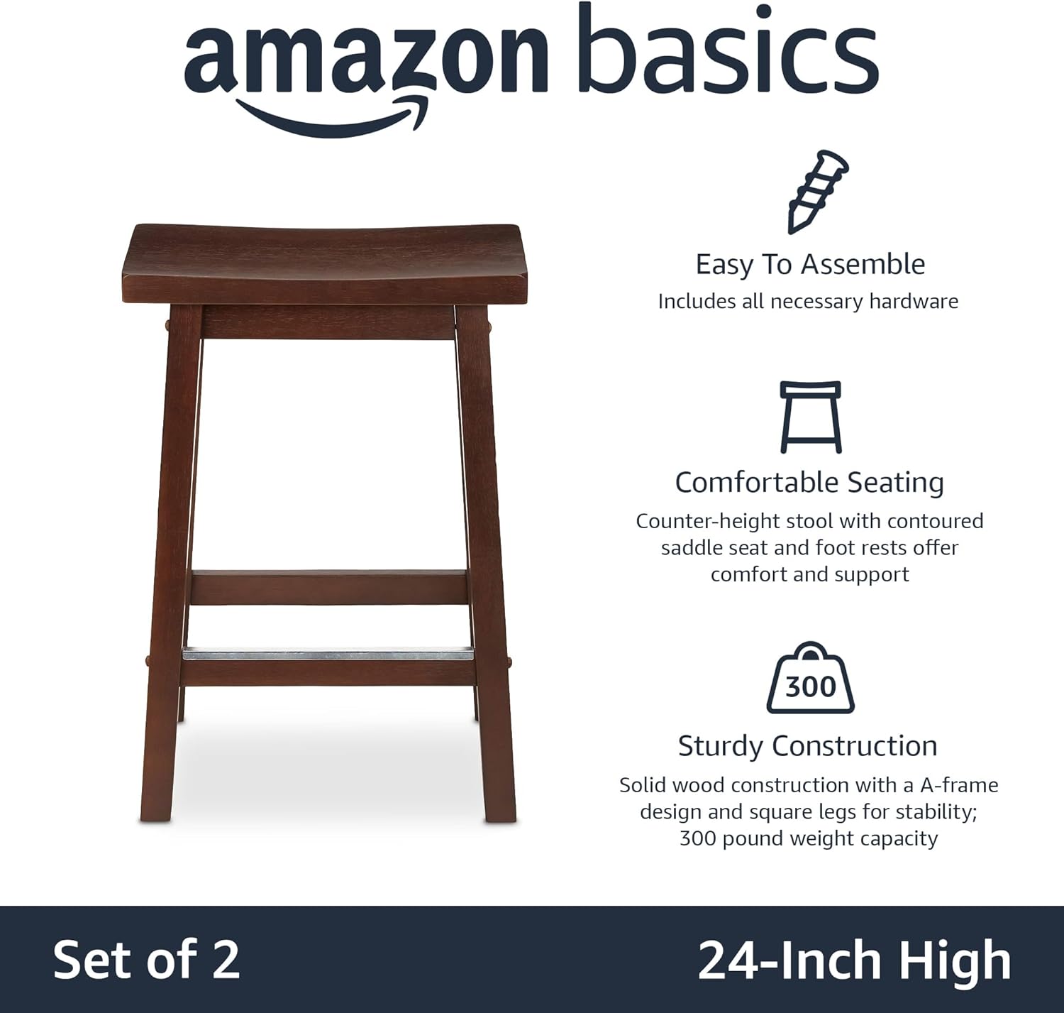 71Zl+FN3XWL._AC_SL1500_ Amazon Basics Solid Wood Saddle-Seat Kitchen Counter-Height Stool, 24-Inch Height, Walnut Finish - Set of 2