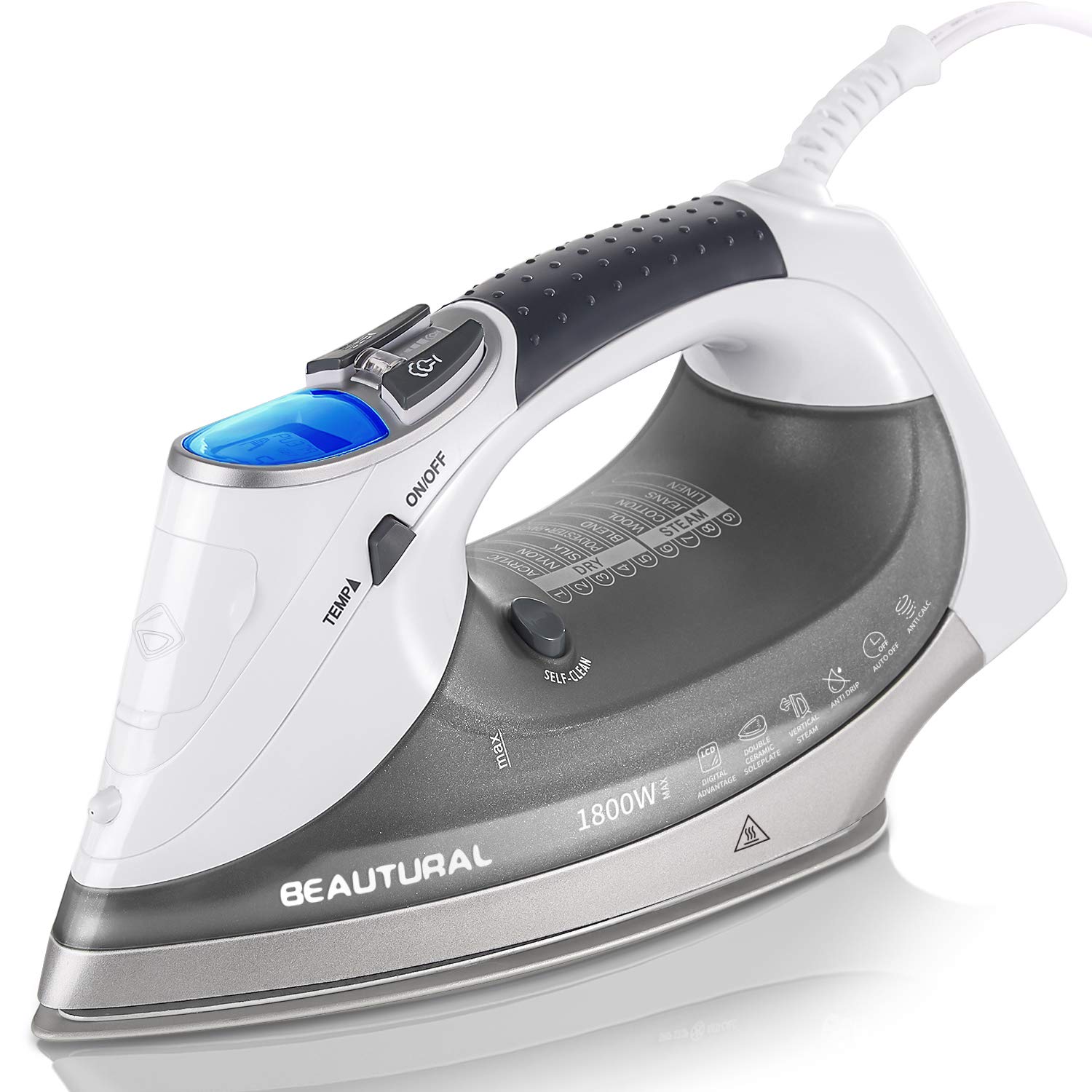 BEAUTURAL 1800-Watt Steam Iron with Digital LCD Screen, Double-Layer and Ceramic Coated Soleplate, 3-Way Auto-Off BEAUTURAL 1800-Watt Steam Iron with Digital LCD Screen, Double-Layer and Ceramic Coated Soleplate, 3-Way Auto-Off
