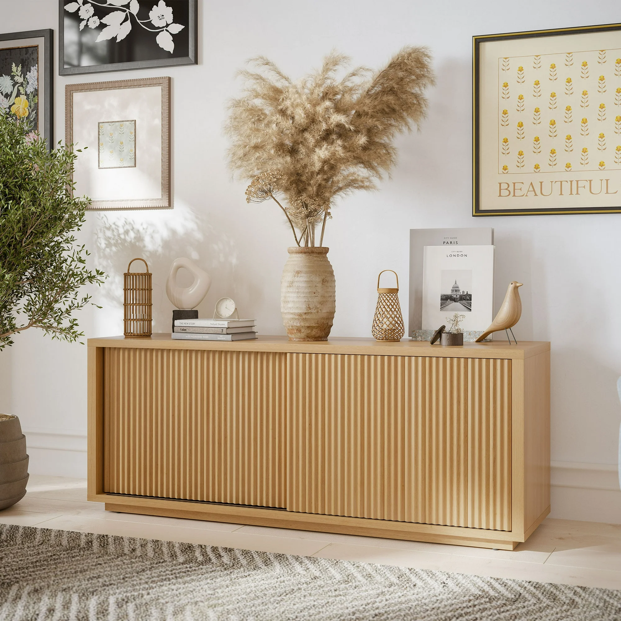 Beautiful Fluted TV Stand for TV’s up to 70” by Drew Barrymore, Warm Honey Finish