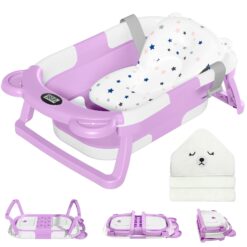MoreFeel Collapsible Baby Bathtub for Newborn with Thermometer & 1 Hooded Towel & 1 Soft Floating Cushion, Lavender