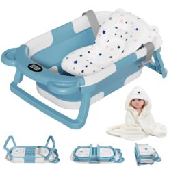 MoreFeel Collapsible Baby Bathtub for Newborn with Thermometer & 1 Hooded Towel & 1 Soft Floating Cushion, Blue