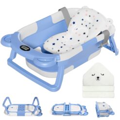MoreFeel Collapsible Baby Bathtub for Newborn with Thermometer & 1 Hooded Towel & 1 Soft Floating Cushion, BabyBlue