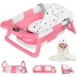 MoreFeel Collapsible Baby Bathtub for Newborn with Thermometer & 1 Hooded Towel & 1 Soft Floating Cushion, Pink