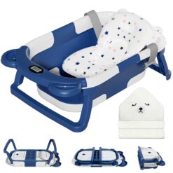 MoreFeel Collapsible Baby Bathtub for Newborn with Thermometer & 1 Hooded Towel & 1 Soft Floating Cushion, Navy Blue