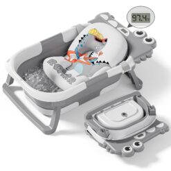 Collapsible Baby Bathtub for Newborn, Foldable Baby Bath Tub with Thermometer & Soft Floating Cushion & Drain Hole, Grey