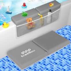 Kneelbow Baby Bath Kneeler and Elbow Rest Pad 2 Pieces Set with 3 Spacious Pocket to Organize Baby Acessories, 1.5" Thick Non-Slip (Grey)