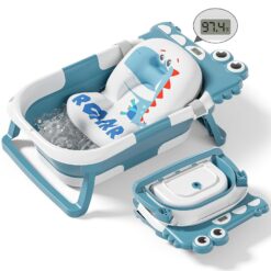 Collapsible Baby Bathtub for Newborn, Foldable Baby Bath Tub with Thermometer & Soft Floating Cushion & Drain Hole, Blue