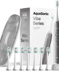 Aquasonic Vibe Series Ultra-Whitening Toothbrush – ADA Accepted Electric Toothbrush - 8 Brush Heads & Travel Case Charcoal Metal