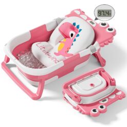 Collapsible Baby Bathtub for Newborn, Foldable Baby Bath Tub with Thermometer & Soft Floating Cushion & Drain Hole, Pink