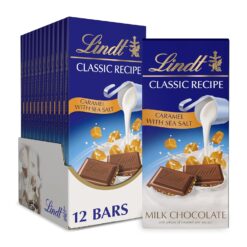 Lindt CLASSIC RECIPE Caramel with Sea Salt Milk Chocolate Bar, Milk Chocolate Candy with Pieces of Caramel and Sea Salt, 4.4 oz. (12 Pack)
