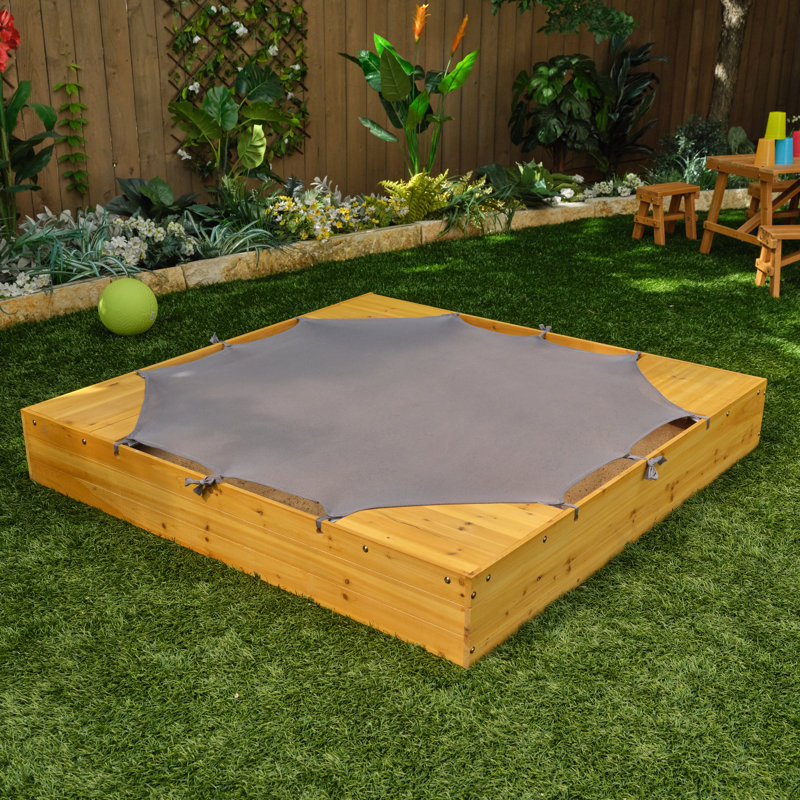 Wooden Backyard Sandbox with Built-in Corner Seating and Mesh Cover, Honey