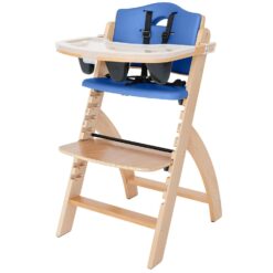 Abiie Beyond Junior Wooden High Chair with Tray - Adjustable and Convertible High Chair for Babies and Toddlers - 6 Months to 250 Lb - Water Resistant - Natural Wood with Blueberry Cushion