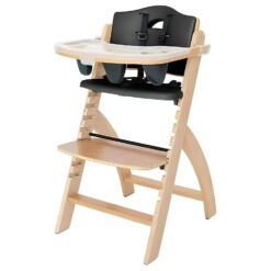Abiie Beyond Junior Wooden High Chair with Tray - 6 Months to 250 Lb - Water Resistant - Natural Wood with Black Pearl Cushion