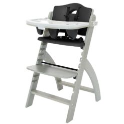Abiie Beyond Junior Wooden High Chair with Tray - 6 Months to 250 Lb - Water Resistant - Misty Grey Wood with Black Pearl Cushion