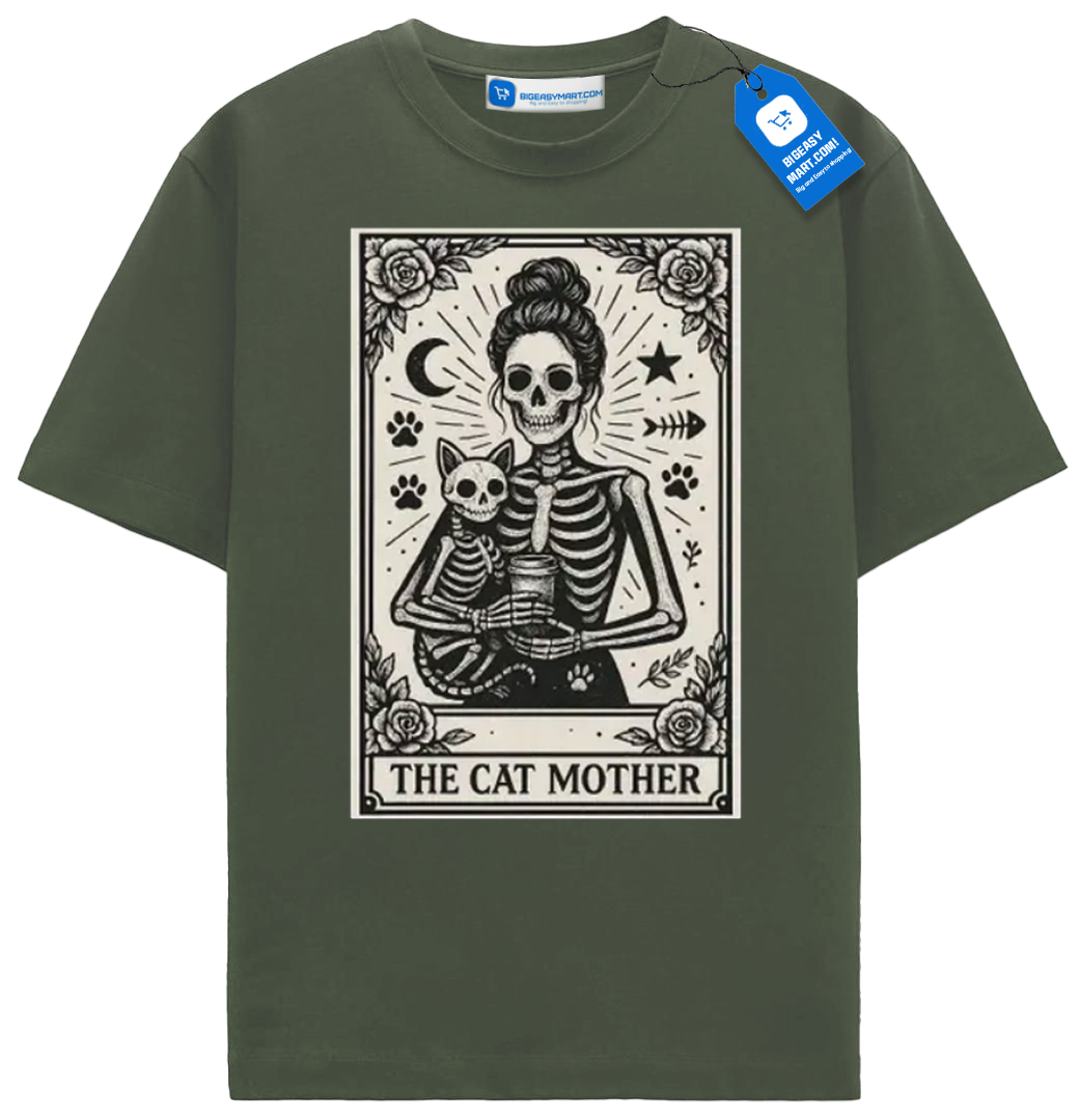 Cat-Tarot-Card-Shirt-The-Cat-Mother-Tee-Military-Green Cat Tarot Card Shirt, The Cat Mother Tee