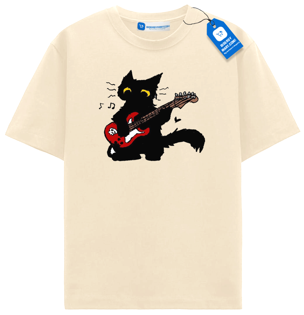 Red-Guitar-Cat-T-Shirt-Cute-Rock-Music-Black-Cat-Tee-Natural Red Guitar Cat T Shirt, Cute Rock Music Black Cat Tee